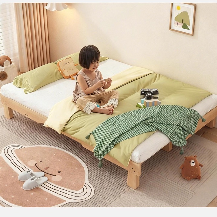 榉木蒙氏地台床卧室实木榻榻米抽拉床小户型可伸缩儿童地板床定制