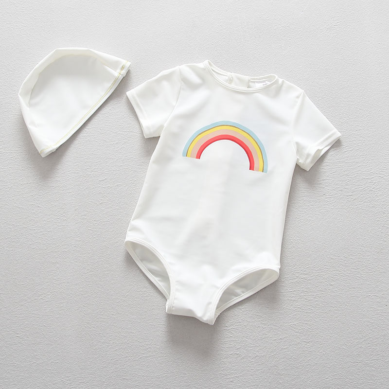 UPF50+男女童宝宝泳衣潮童彩虹连体游泳衣防晒婴儿比基尼泳装带帽