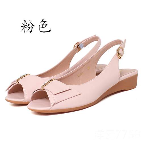 高档软妈妈凉鞋女夏季2024新款皮底低跟平底坡跟真水钻蝴蝶结鱼嘴