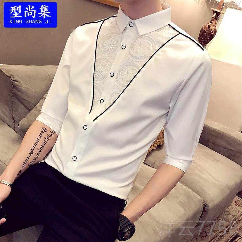 高档夏男士个性丝七分袖衬衫天发型师夜场少爷工作服韩版帅蕾气中