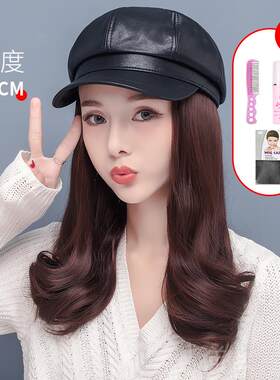 网自红PU皮帽假发一体贝海军帽子八角雷帽女时尚发秋冬款中长