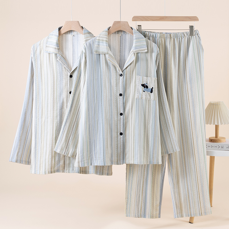 复古情侣条纹睡衣男女士纯棉纱