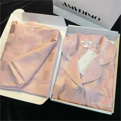 ins睡衣女春秋季冰丝长袖感格子提花真丝绸大码家居服夏套装