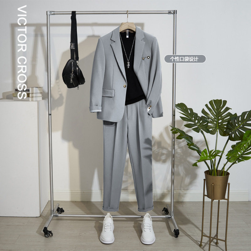 春夏新款休闲西装套装男士坠感宽松轻熟风韩版潮流新款西服外套