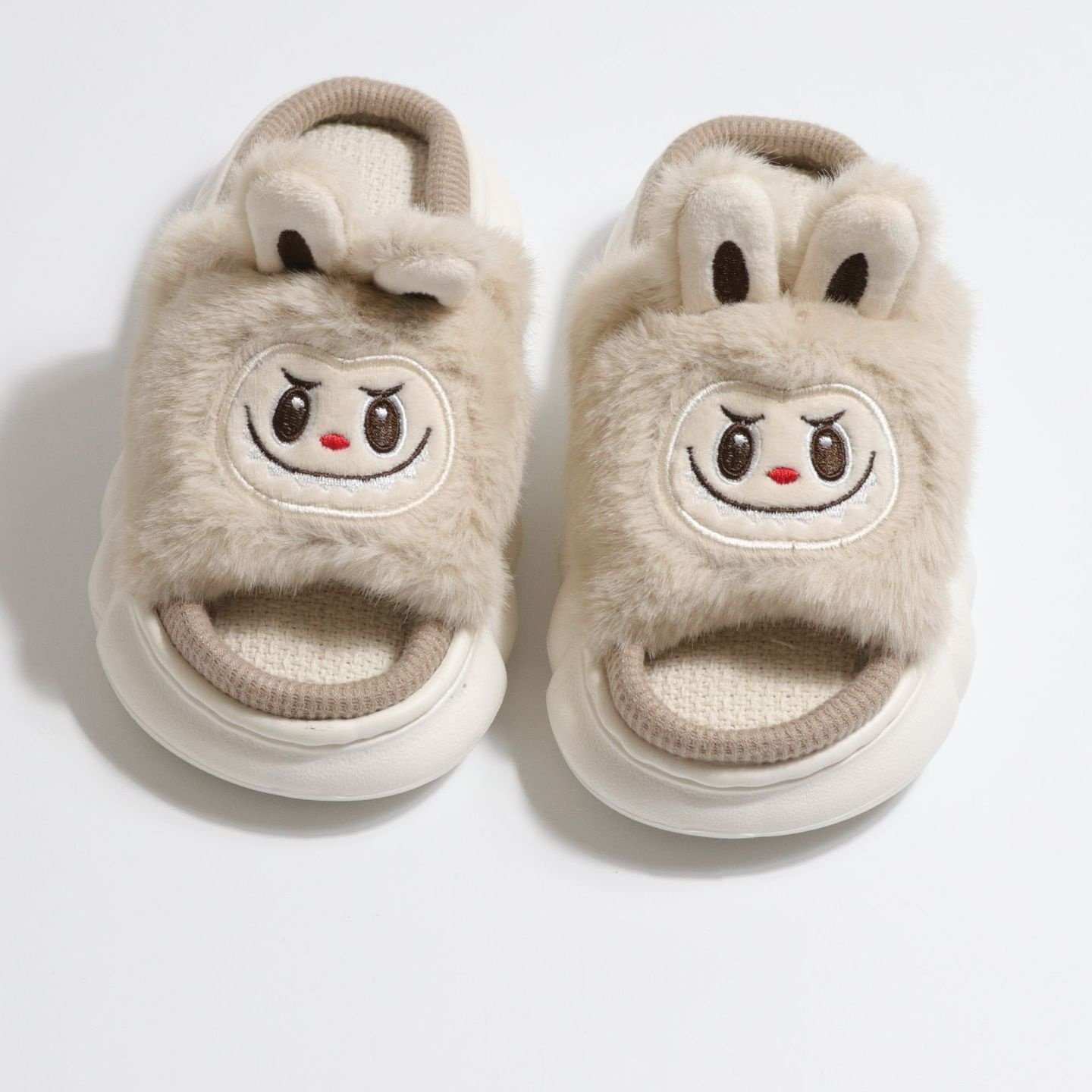 拉布布labubu新款卡通亚麻拖鞋女秋冬季居家定制开口拖