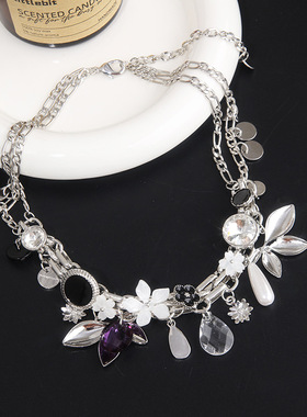 花朵水晶黑宝石纽扣锁骨链女小众设计时髦优雅气质百搭项链颈链