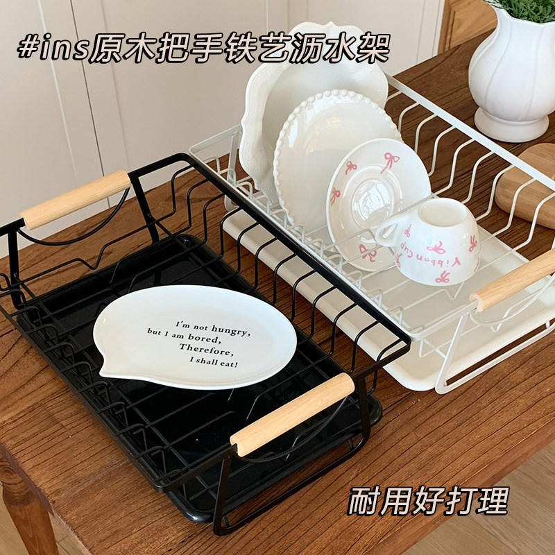 ins风沥水架厨房碗碟餐具置物架子多功能柜台铁艺厨具水杯收纳筐图片