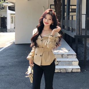 陈六六CHENLIULIU 高级气质女神范卡其色大翻领风衣 高智感美女