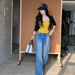 陈六六【高阶神牛】时髦低腰美式个性设计感拖地裤水洗牛仔阔腿裤