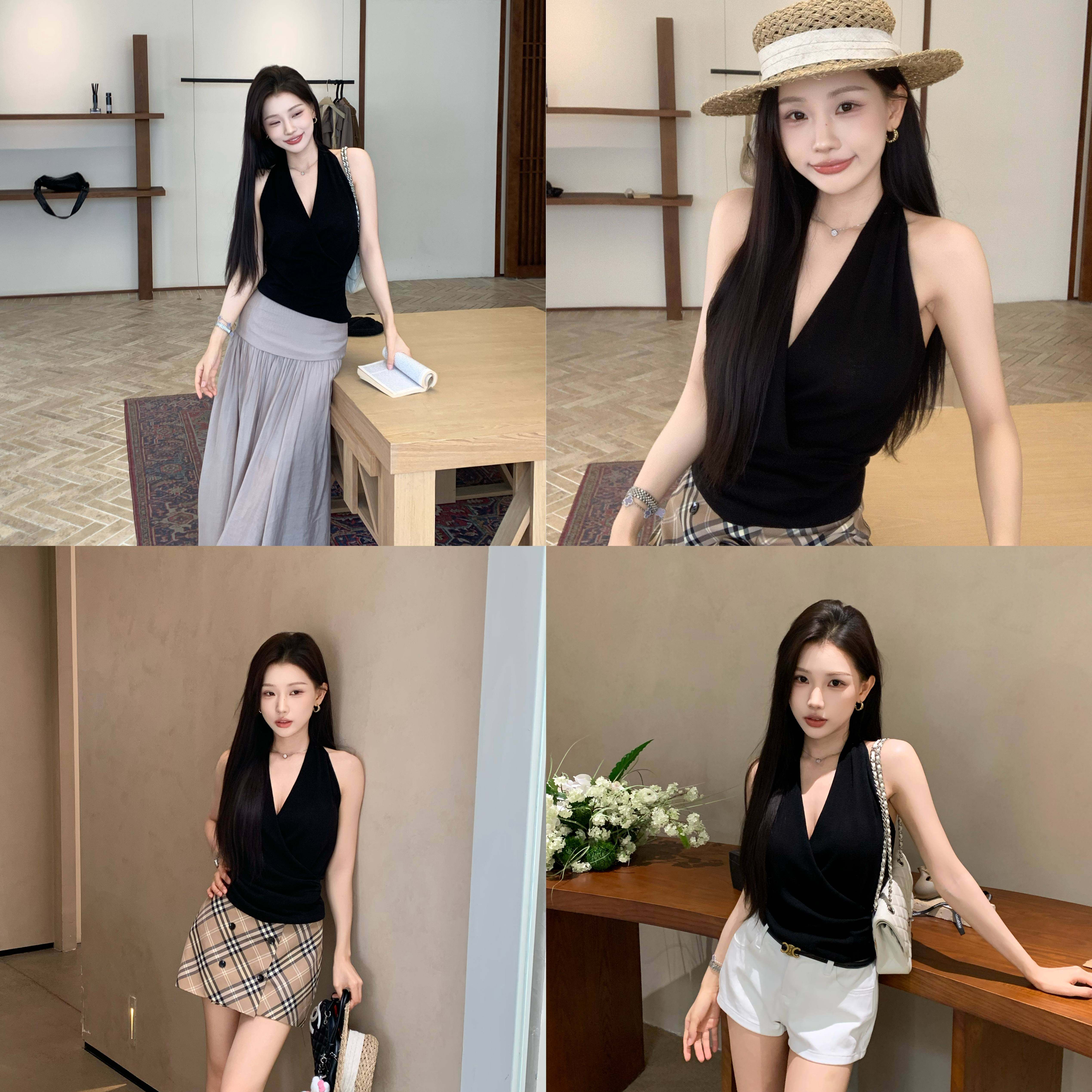 陈六六【高级感爆棚】时髦气质挂脖纯欲性感辣妹气质无袖针织上衣