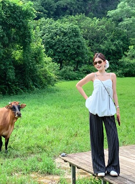 陈六六CHENLIULIU【艺术缪斯】时尚气质竖条纹阔腿休闲裤