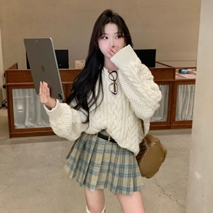 陈六六CHENLIULIU 韩系氛围感麻花毛衣格纹百褶半裙 爱丁堡学院