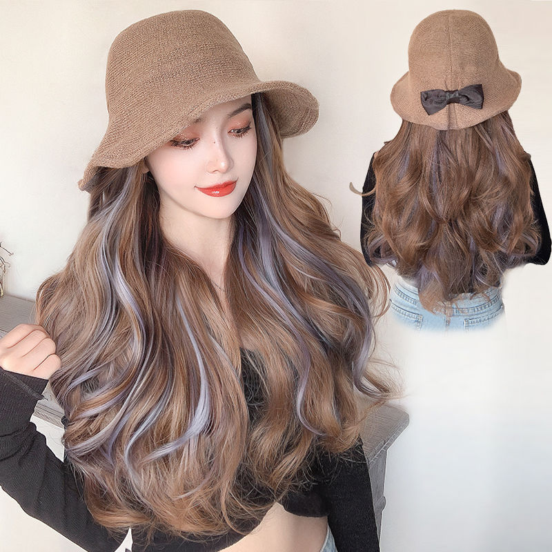 假发女长发帽子假发一体时尚四季网红渔夫帽挑染长卷发全头套潮款