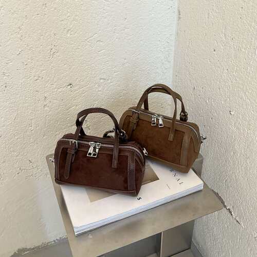 复古手提保龄球包高级时尚简约单肩包小众设计bags磨砂波士顿包包