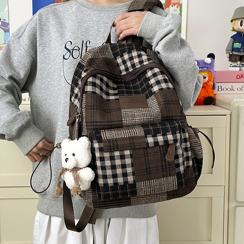 韩系复古格纹慵懒风双肩包男女日系轻奢大容量百搭超轻学生书包潮
