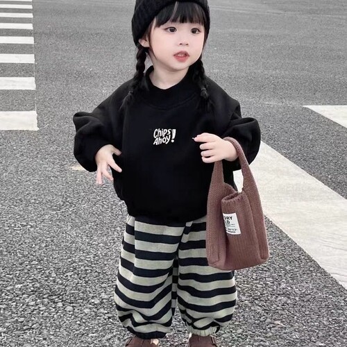 女童韩范春装套装2026新款洋气小童儿童装时髦女宝宝春秋款条纹裤