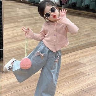 女童春装套装2026新款儿童打底衫牛仔阔腿裤两件套女宝宝春季服装