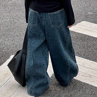 女童冬天加绒牛仔裤2025新款女孩洋气冬装阔腿裤网红复古豹纹裤子