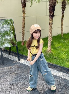 女童春秋破洞牛仔裤做旧男童宝宝直筒高腰阔腿中大童洋气儿童裤子