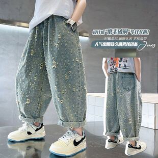 儿童提花破洞牛仔裤春秋新款中大童韩版洋气潮牌休闲裤男童宽松裤