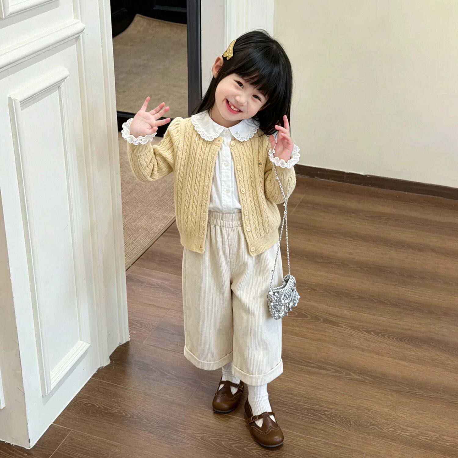韩版女童2026春季新款奶黄色麻花针织开衫女孩毛衣外套杏色直筒裤