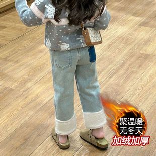 女童加绒牛仔裤一体绒直筒宽松羊羔毛拼接女宝宝秋冬长裤儿童裤子