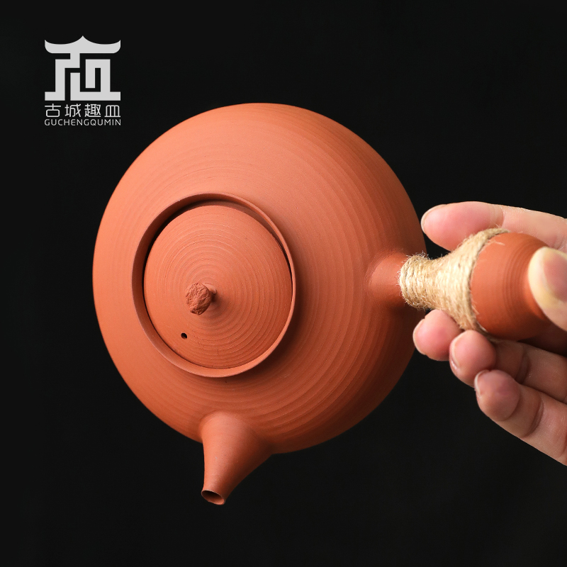 潮州功夫茶沙铫侧把壶红泥跳盖薄胎炭电陶炉家用茶具烧水煮茶陶壶
