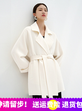 M家100%纯小山羊绒大衣女短斗篷小个子手工双面白色羊绒毛呢外套
