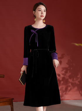 2024秋冬新款醋酸拼接长袖复古连衣裙真丝丝绒连衣裙女高级感8526