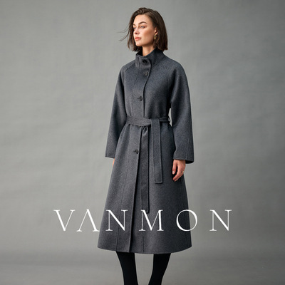 2025秋冬新款立领大衣女100%阿拉善纯山羊绒单排扣中长款双面呢