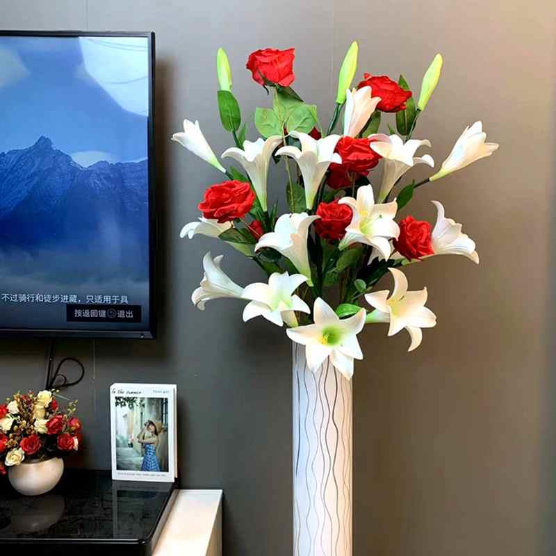 仿真百合郁金香绢花假花塑料花客厅落地电视柜摆设插花艺套装摆件
