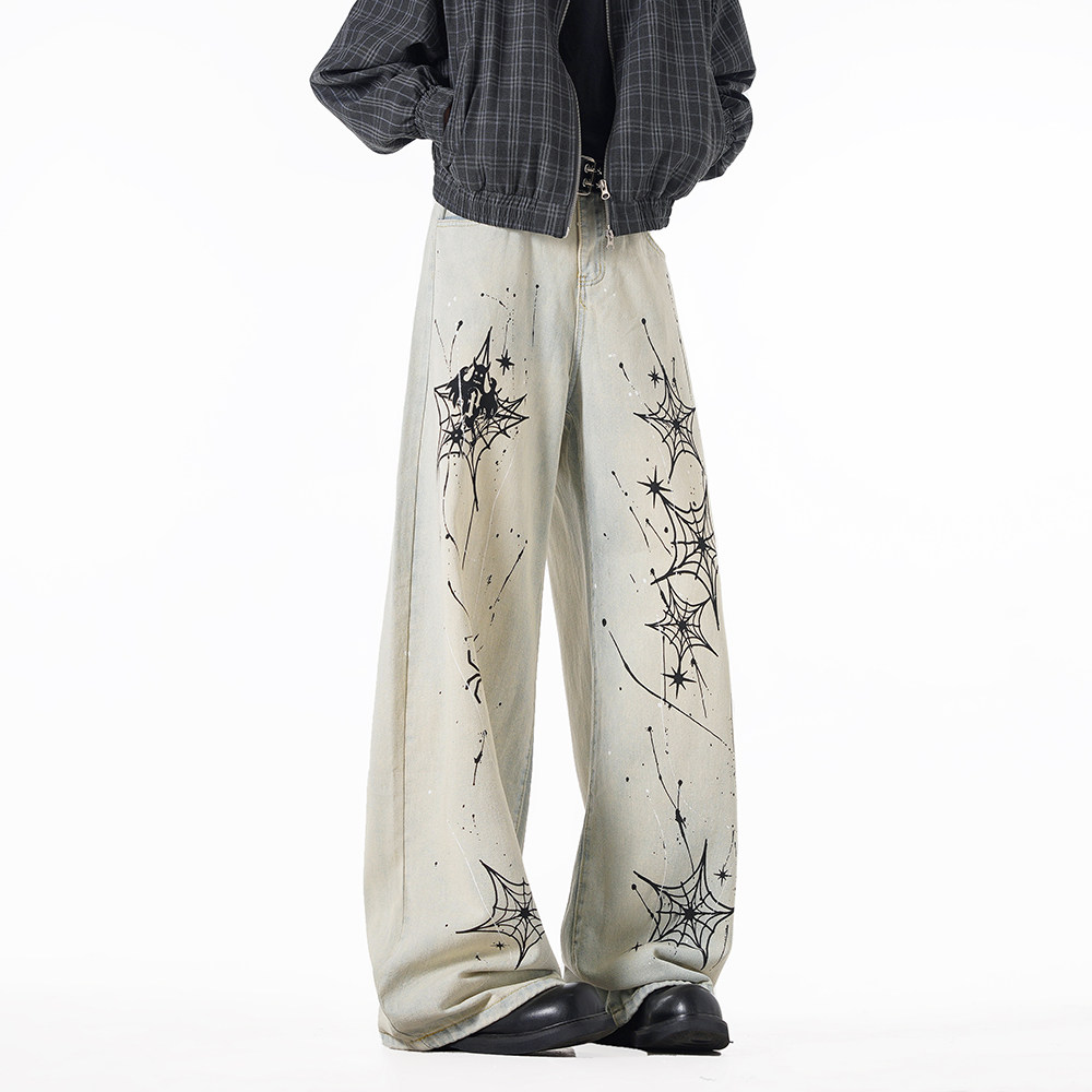 B347-W25021-P55-78秋季油漆喷墨印花男士宽松牛仔裤,男装牛仔裤,电商B347(原C409)