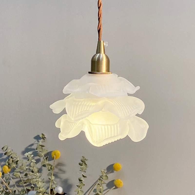 法式花瓣小吊灯花朵日式黄铜玻璃餐厅吧台灯美式复古卧室床头吊灯