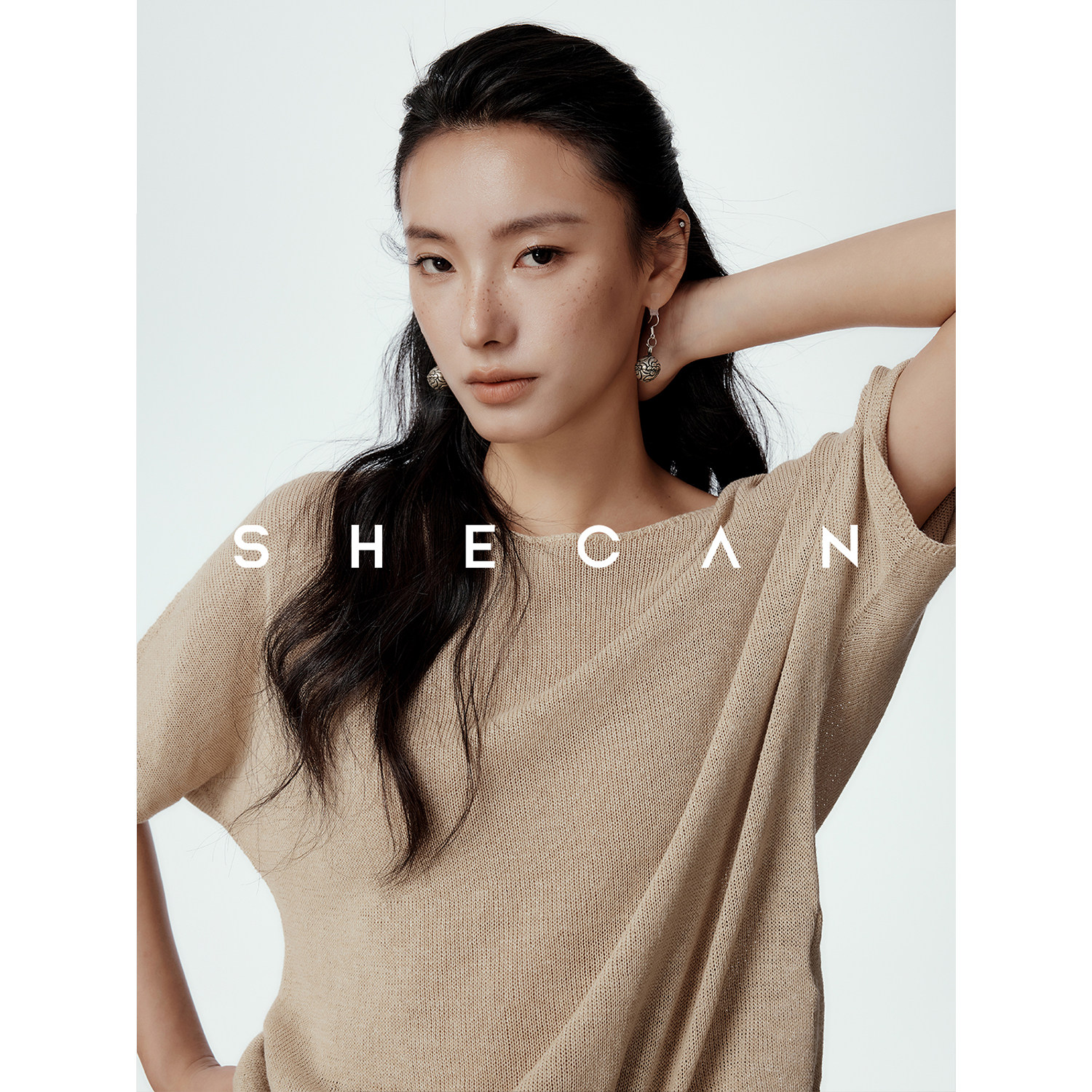 SHECAN【松庭】和纸纱简约圆领短袖针织T恤女夏薄款百搭显瘦罩衫