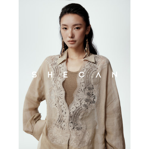 SHECAN【静觅】设计感小众蕾丝衬衫女夏薄纱100%苎麻长袖防晒上衣