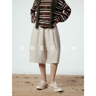 SHECAN【小灯笼】慵懒风亚麻花苞五分裤女夏季穿搭薄款休闲直筒裤