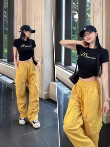 网红时尚修身印花字母圆领短袖黑色T恤女夏新款休闲工装裤套装