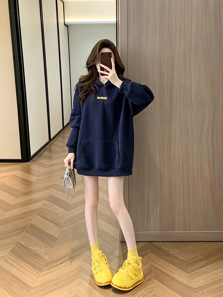 中长款厚款落肩袖女连帽刺绣卫衣长袖时尚休闲秋季春秋百搭宽松潮