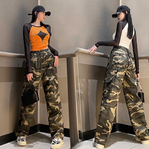 洋气五角星长袖修身桔色上衣女秋减龄显瘦休闲时尚牛仔迷彩裤套装