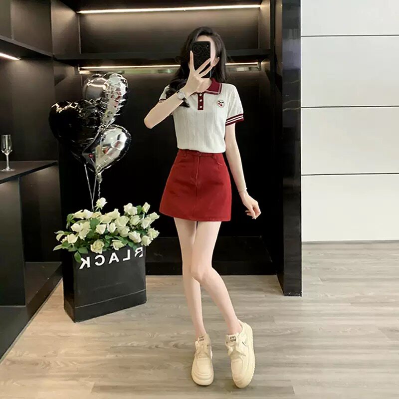 小个子夏装减龄穿搭一整套女甜辣针织衫女时尚牛仔短裙短袖两件套