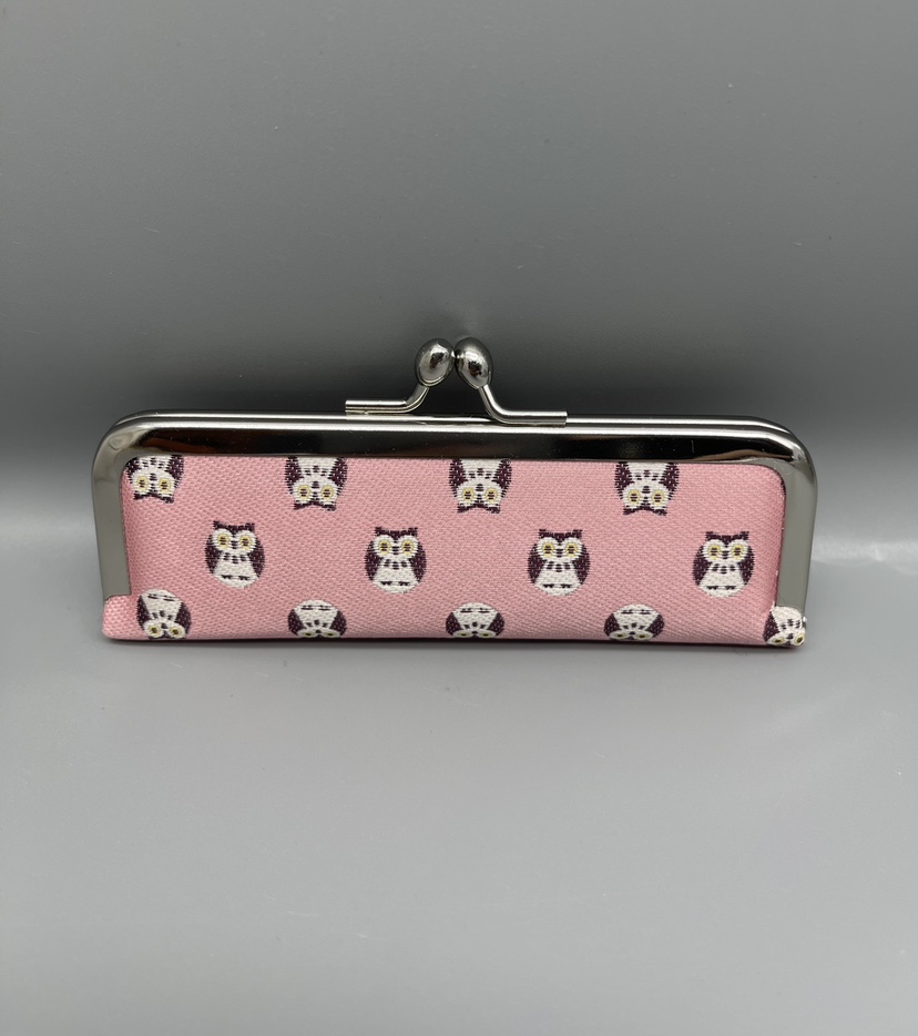 日本Pocchiri 带印泥粉色底猫头鹰图案印章小口金包