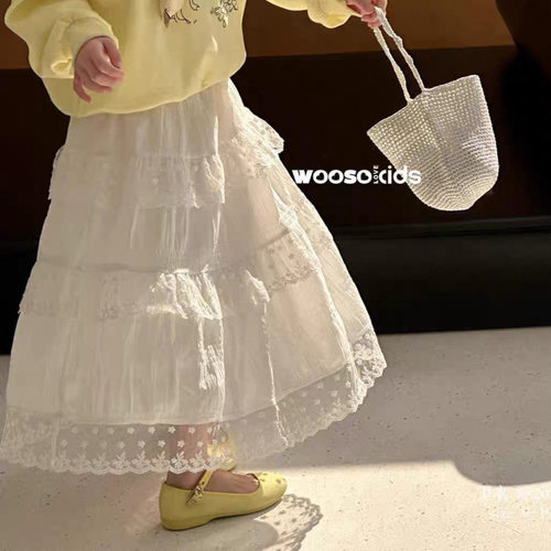 2026女童半身裙春夏新款蕾丝拼接蛋糕裙儿童中长款裙子