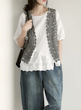 春夏镂空马夹开衫女学院风百搭宽松无袖薄款外搭灰色坎肩马甲上衣
