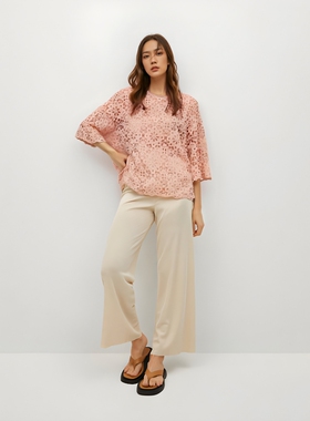 春秋镂空蕾丝衫七分袖宽松外搭轻奢高级感粉色气质东薄款针织上衣