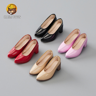 现货 HAILI TOYS 1/6女兵人鞋子PU皮手作高跟鞋 粗跟大脚素体可用