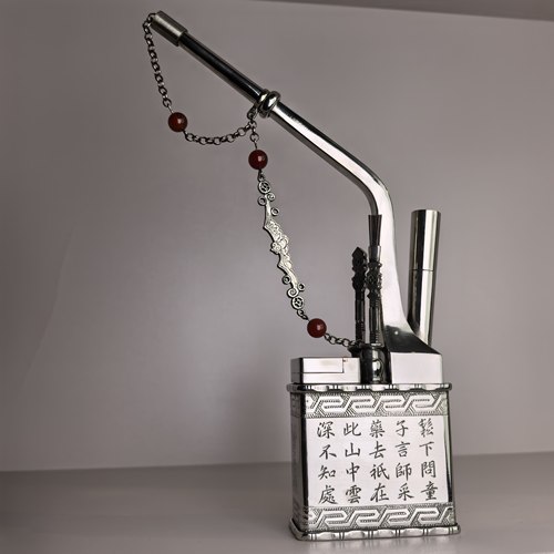 复古白铜京造艺家阁名家水烟壶大四方手工刻花竹节边水烟袋