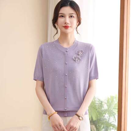2026新款女装夏季针织短袖紫色亮片扣子上衣洋气圆领中年妈妈女装
