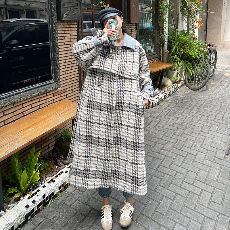 格子毛呢外套大衣女2024冬季加厚高级感韩系复古休闲宽松大码新款,女装毛呢外套,郎佰婉