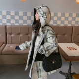 现货2025冬季新款格子连帽呢子大衣浙宝300/812/P175控248，女装毛呢外套，郎佰婉