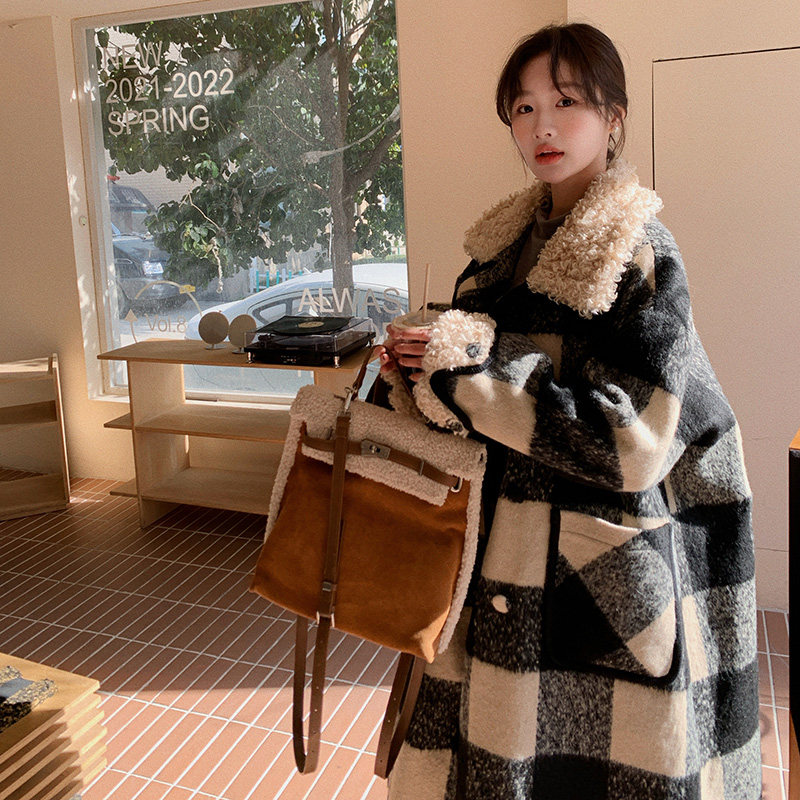 现货2025冬季新款毛毛拼接复古格纹大衣浙宝300/8878/P195控288,女装毛呢外套,郎佰婉